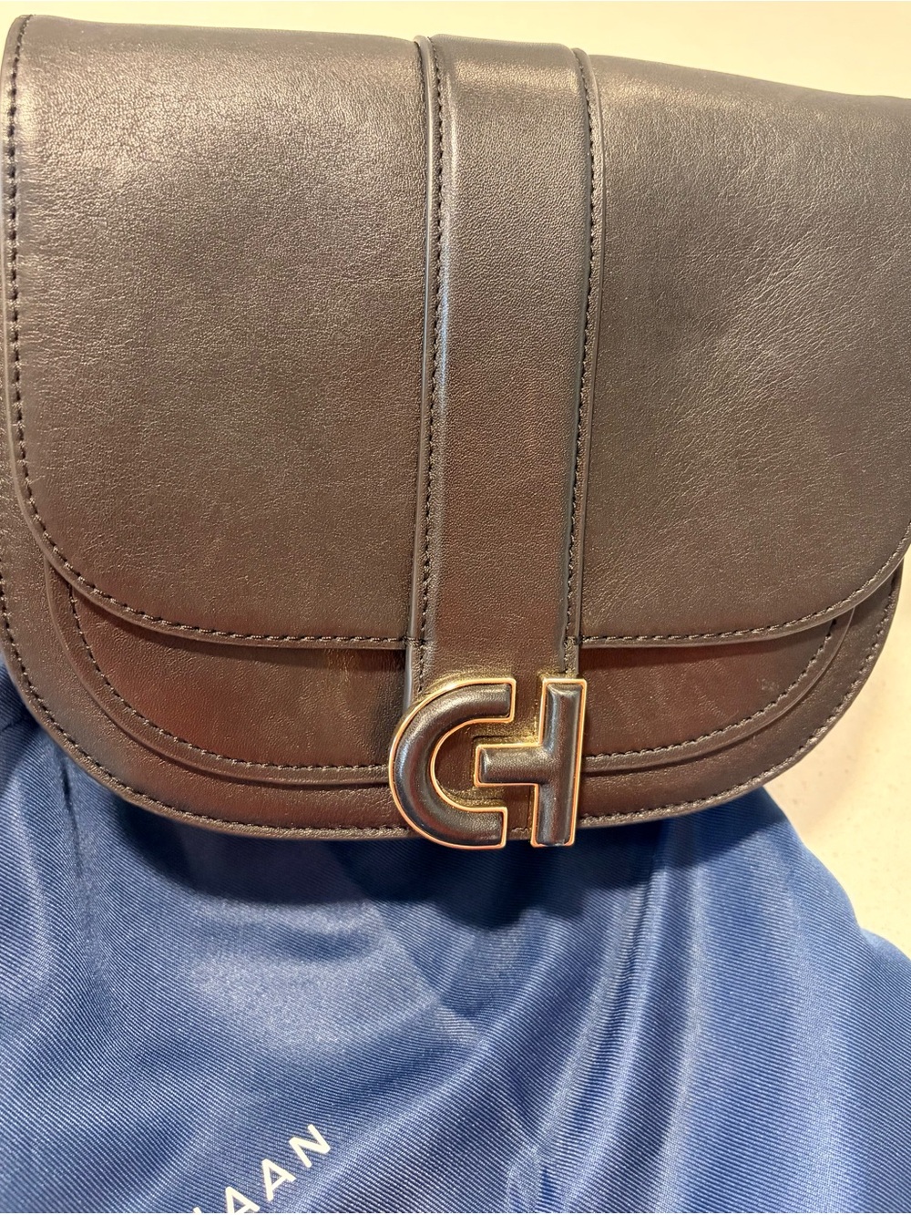 Cole Haan Black Leather CH Logo Saddle Crossbody